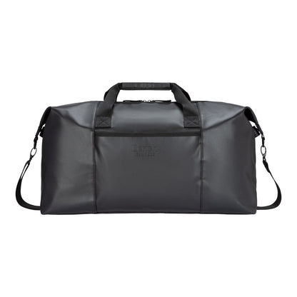 The Bench Jayce East West Weekender is a black bag with two handles, a shoulder strap, and a front pocket.