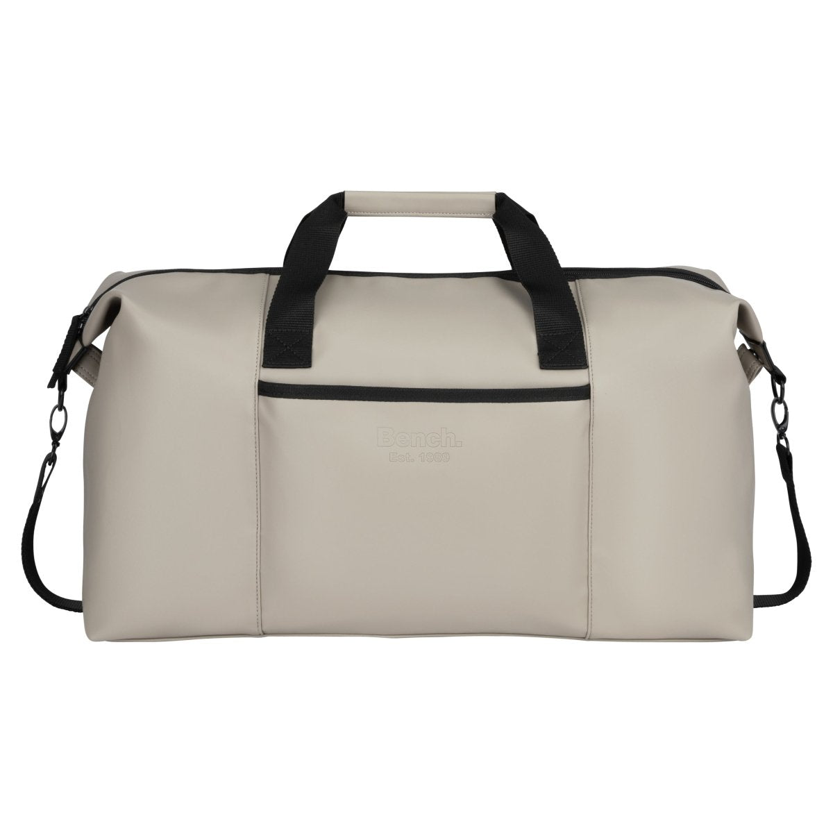Bench Jayce East West Weekender: taupe bag with black handles, front pocket, RFID protection, adjustable strap.