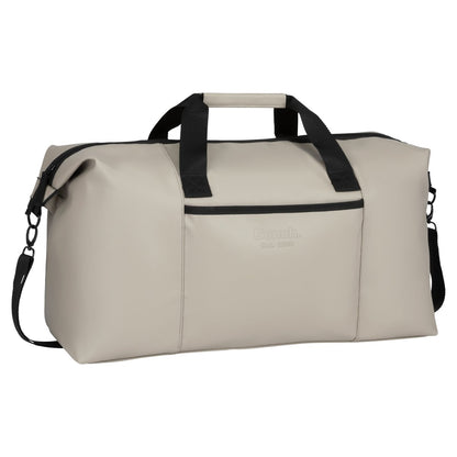 Bench Jayce East West Weekender by Bench: taupe bag with black handles, front zip pocket, and detachable strap.
