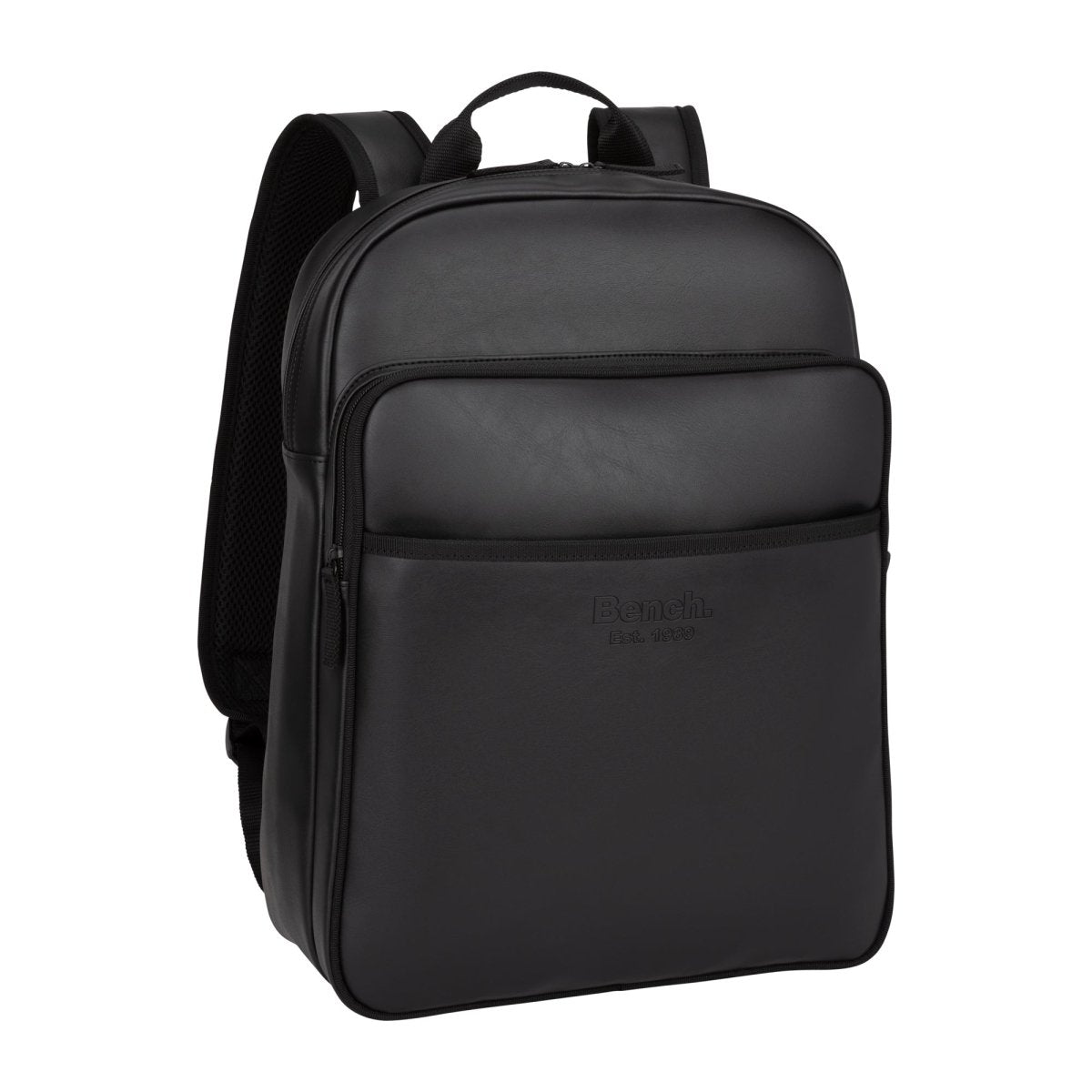 Bench Jayce Men's Backpack by Bench: black faux leather, RFID protection, front zipper pocket, padded straps.