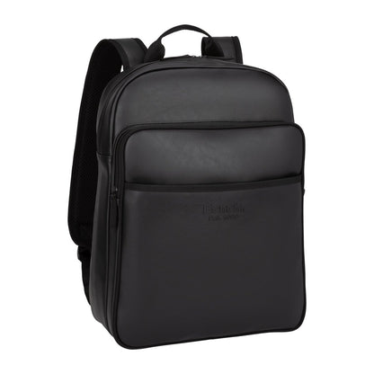 Bench Jayce Men's Backpack by Bench: black faux leather, RFID protection, front zipper pocket, padded straps.