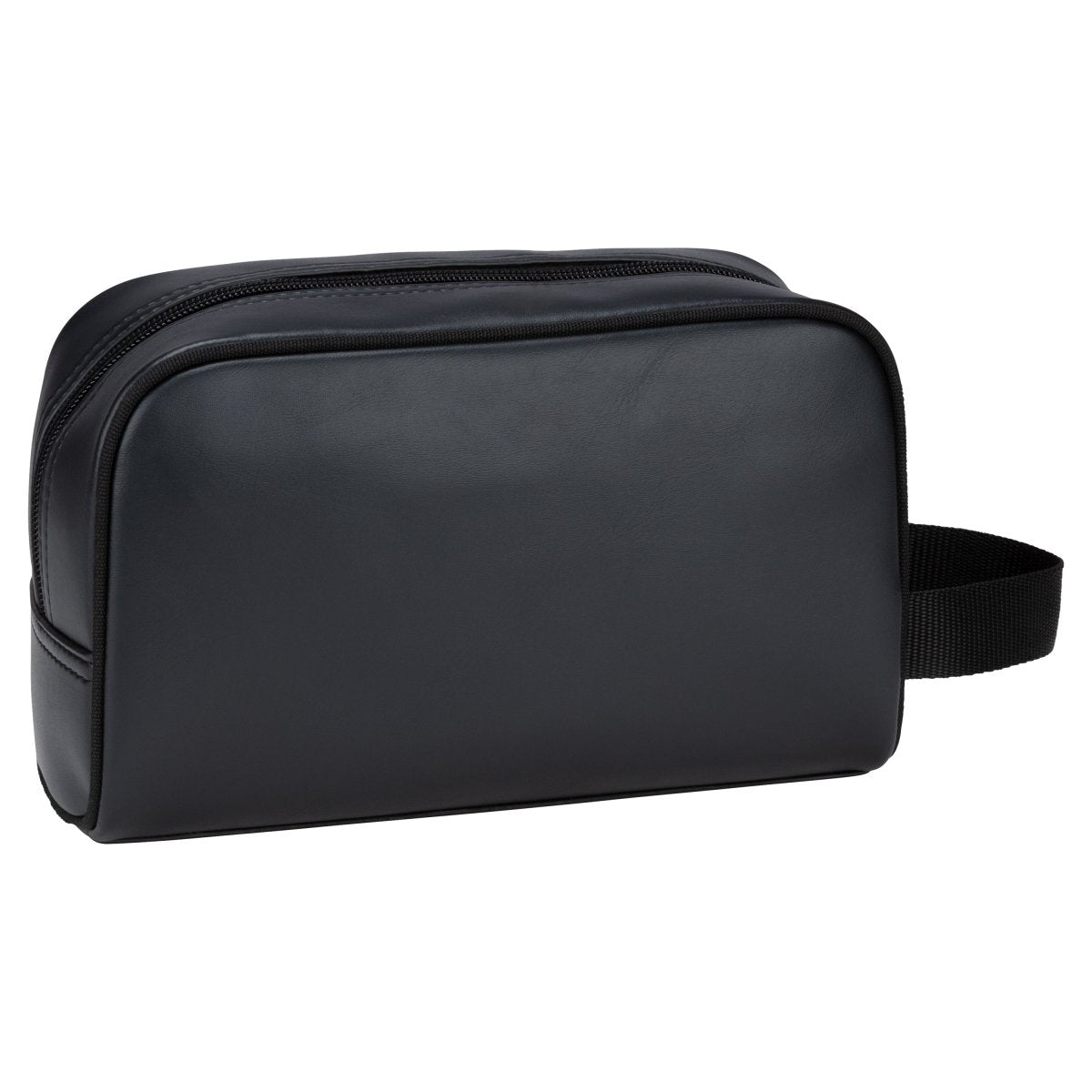 The Bench Jayce Toiletry Bag in black faux leather features a side handle, shown on a white background.