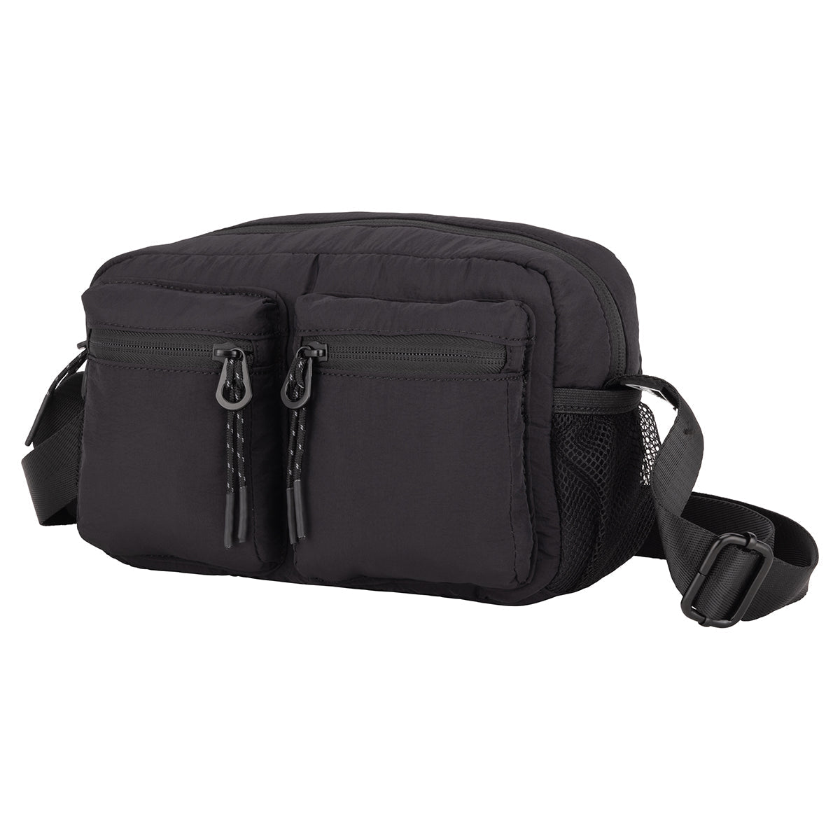 Bench Nylon Crossbody: black, nylon, two front zip pockets, side mesh pocket, and adjustable strap.