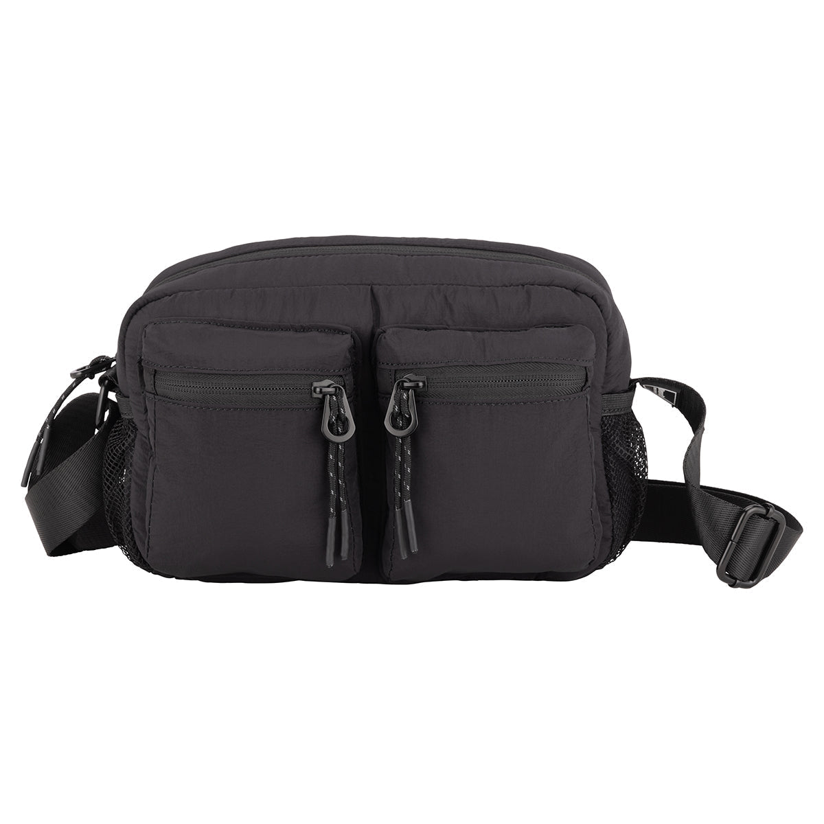 Bench Nylon Crossbody: A compact nylon bag with two zip pockets, mesh sides, and adjustable strap—ideal for daily use.