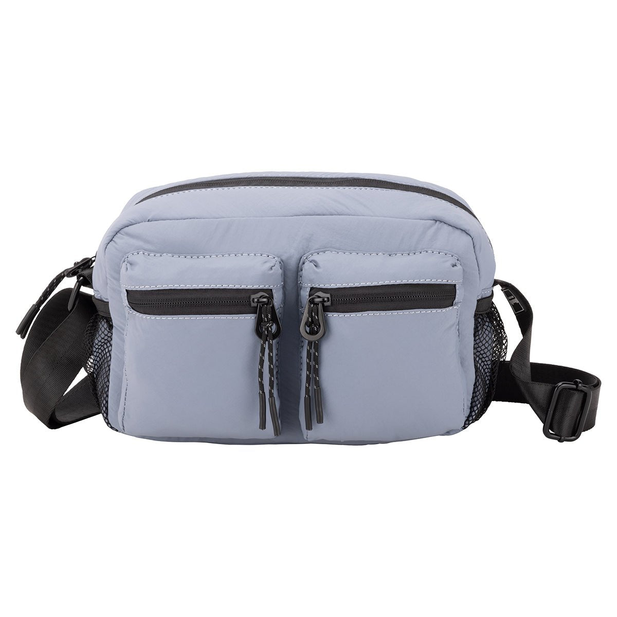 Bench Nylon Crossbody by Bench in light blue, features two zip pockets, mesh sides, and a black adjustable strap.