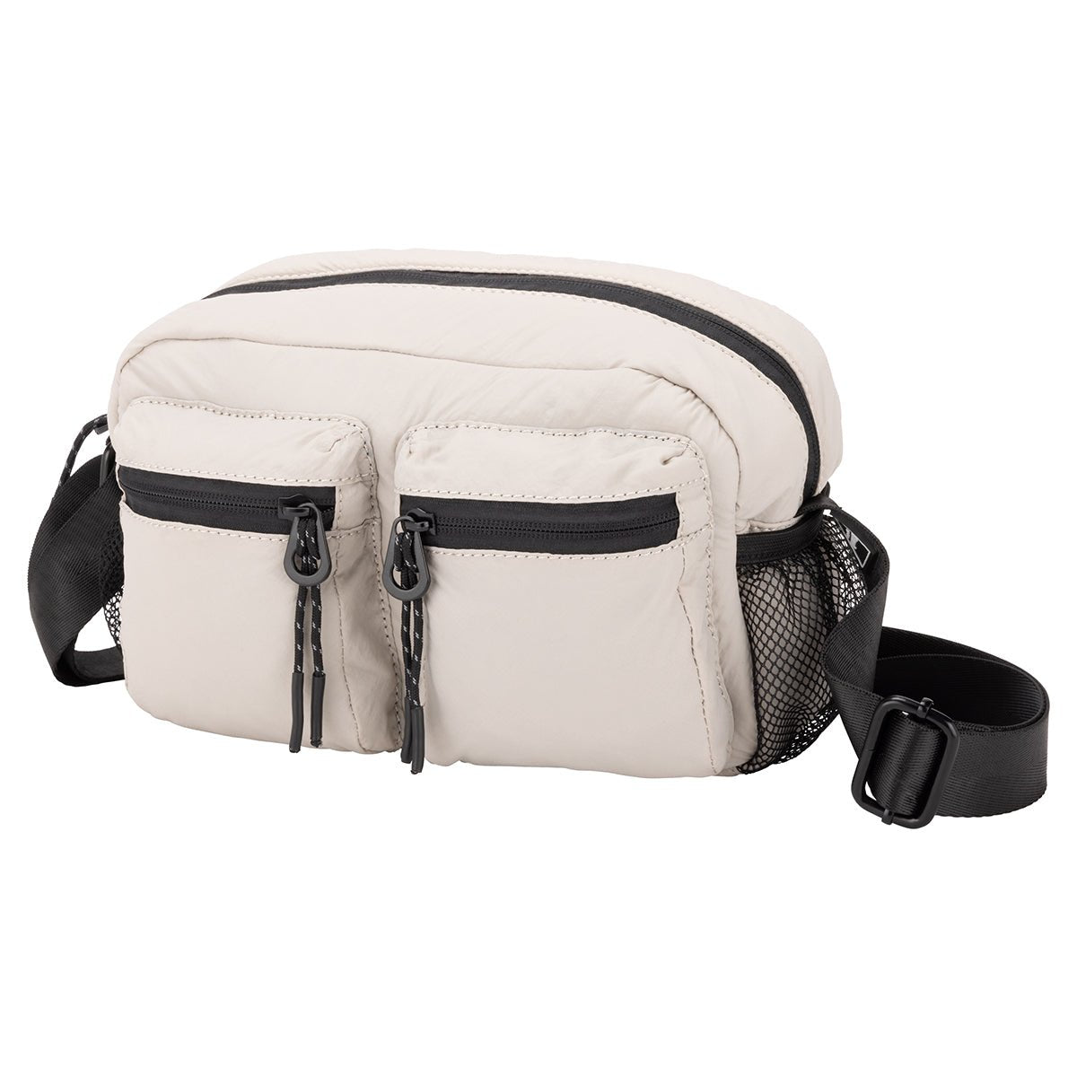 Bench Nylon Crossbody by Bench: light beige nylon, two zippered pockets, black strap, mesh side—great for everyday.