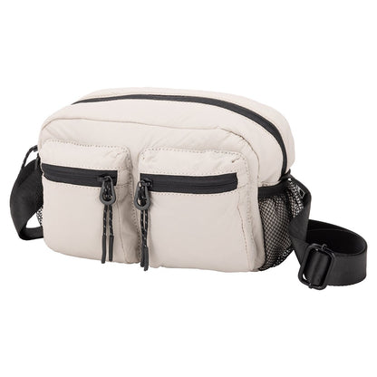 Bench Nylon Crossbody by Bench: light beige nylon, two zippered pockets, black strap, mesh side—great for everyday.