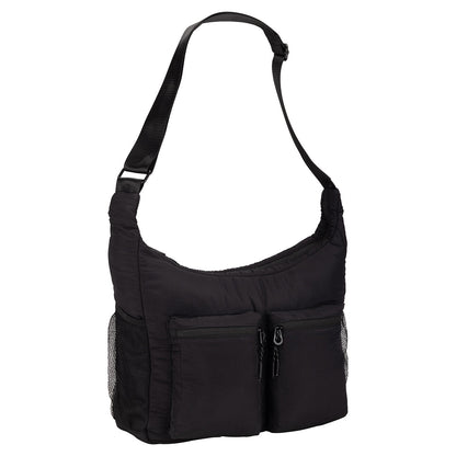 Bench Nylon Hobo Bag: black nylon, adjustable strap, 2 front zip pockets, mesh side pockets.
