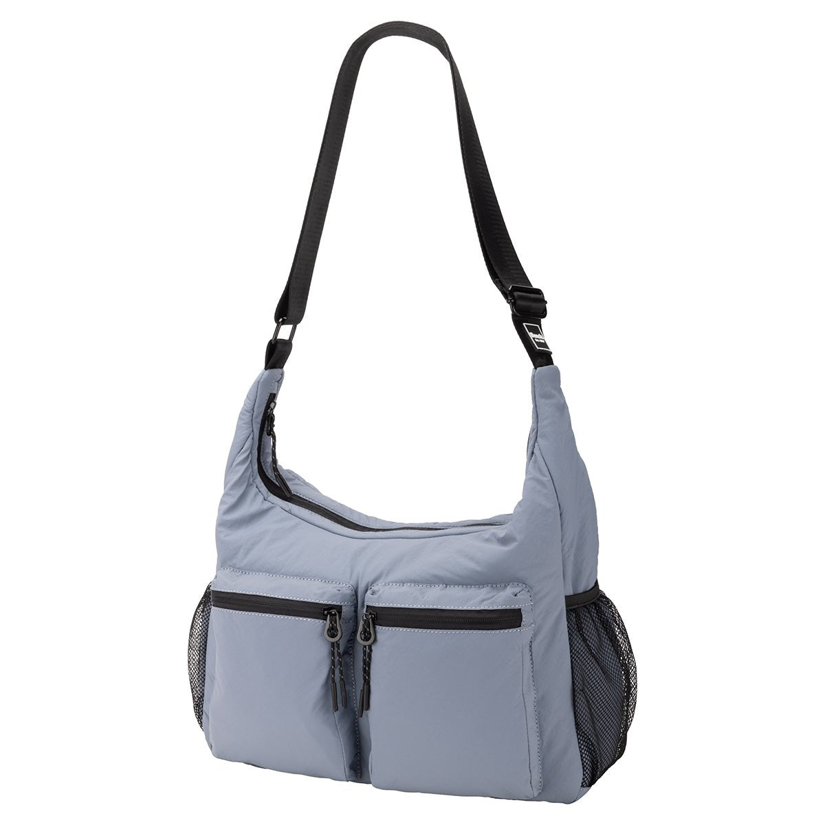 Bench Nylon Hobo Bag in blue with black adjustable strap and mesh side pockets.