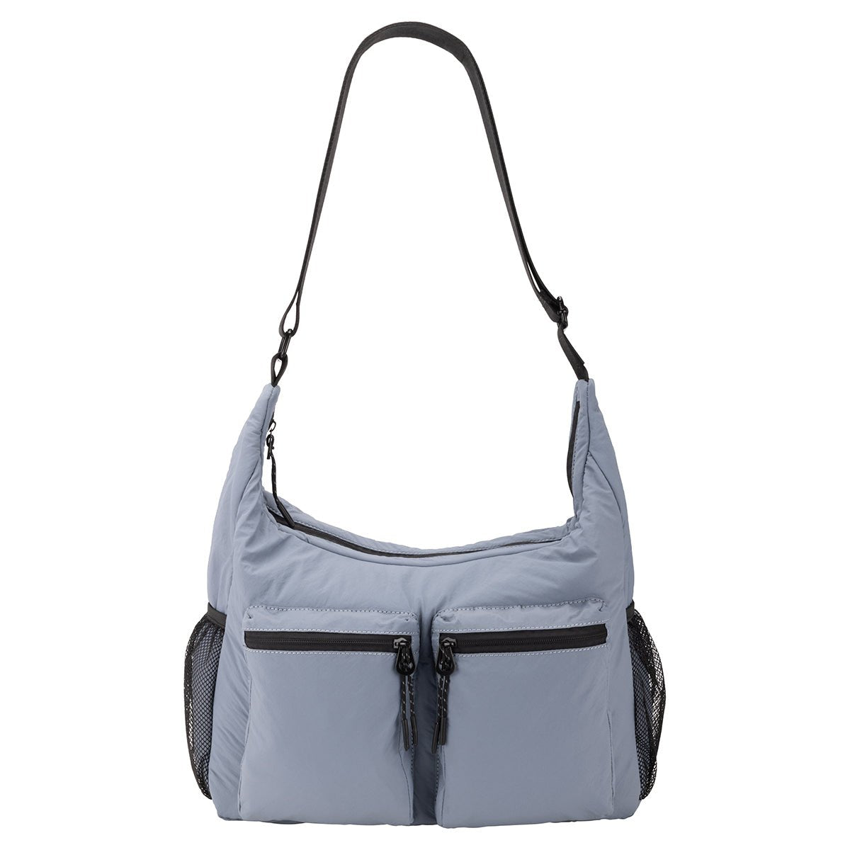 Bench Nylon Hobo Bag in blue with two zip pockets, mesh sides, and adjustable shoulder strap.