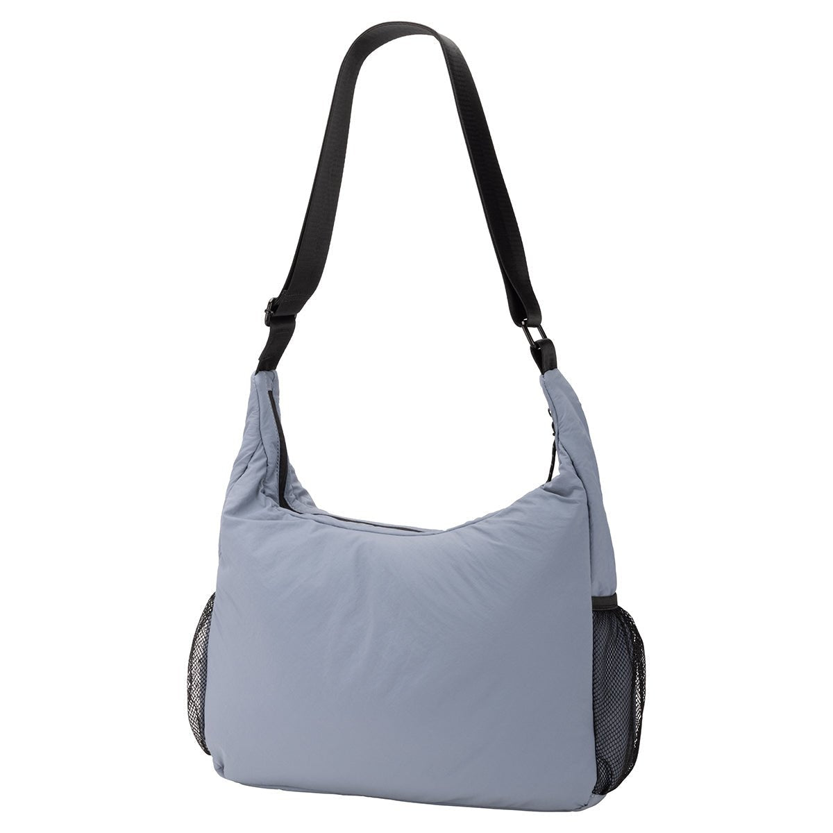 Bench Nylon Hobo Bag in blue with black adjustable strap and mesh side pockets on white background.