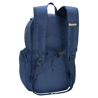 Bench Terra Backpack by Bench in navy blue with adjustable straps, chest buckle, and logo on shoulder strap.