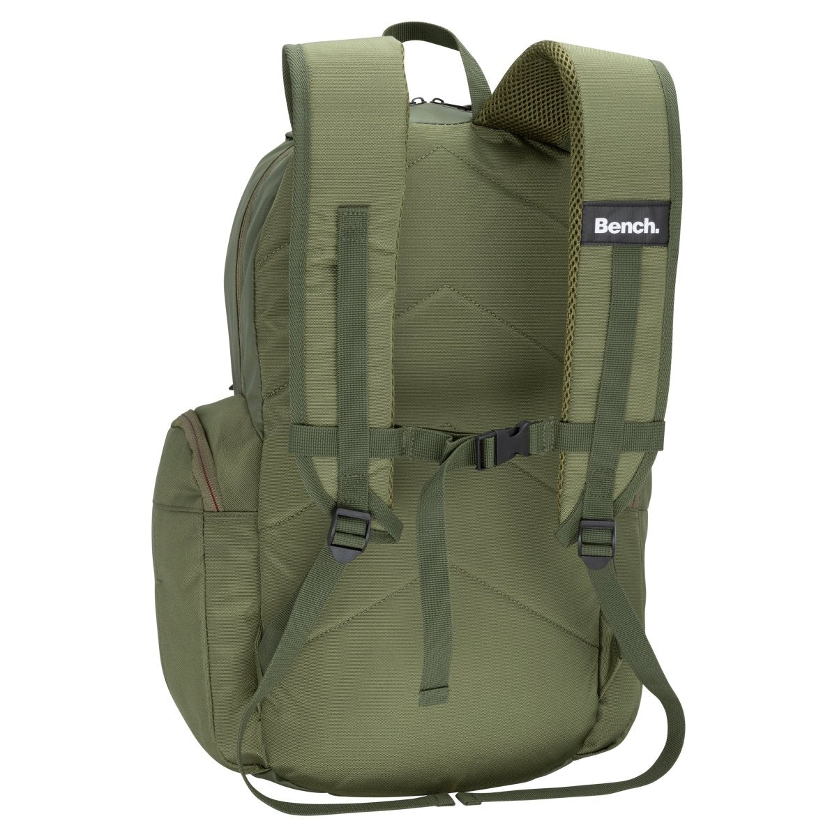 Bench Terra Backpack in khaki green with padded straps, side pockets, chest buckle, and logo on the strap.