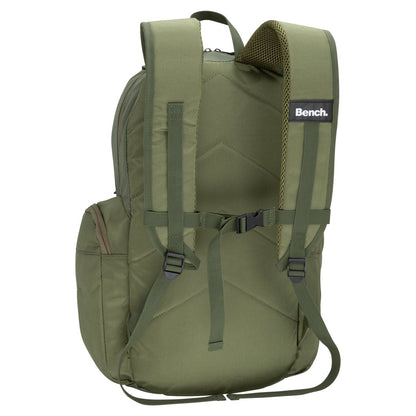 Bench Terra Backpack in khaki green with padded straps, side pockets, chest buckle, and logo on the strap.
