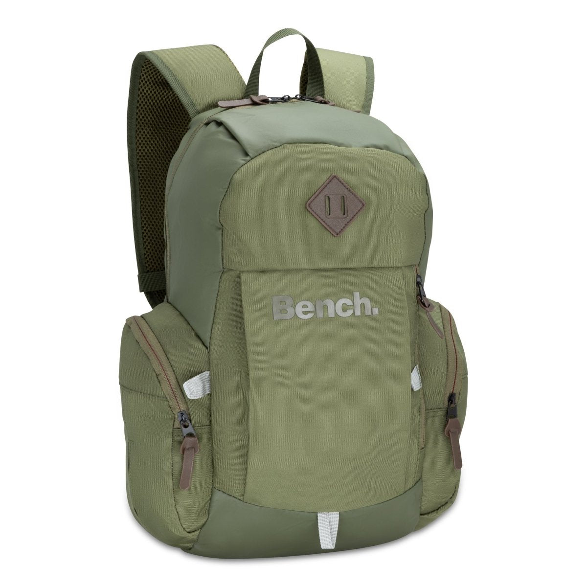 Bench Terra Backpack by Bench in khaki green with side pockets, front zipper, and padded shoulder straps.