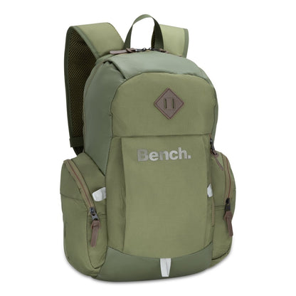 Bench Terra Backpack by Bench in khaki green with side pockets, front zipper, and padded shoulder straps.