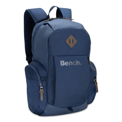 Bench Terra Backpack by Bench—navy blue, with front zipper, side pockets, padded straps; durable laptop backpack.