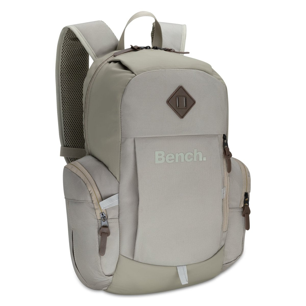 Ecru Bench Terra Backpack by Bench with padded straps, multiple pockets, and a front "Bench." logo.