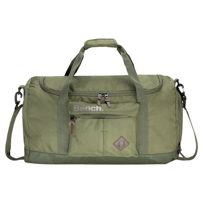 Bench Terra Sports Bag in khaki green with shoulder strap, top handles, front zip pocket, and Bench logo.