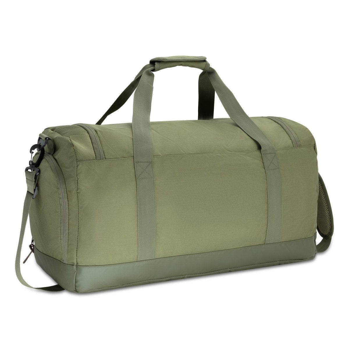 Bench Terra Sports Bag by Bench: khaki green, two handles, shoulder strap, and visible zippers for organized storage.