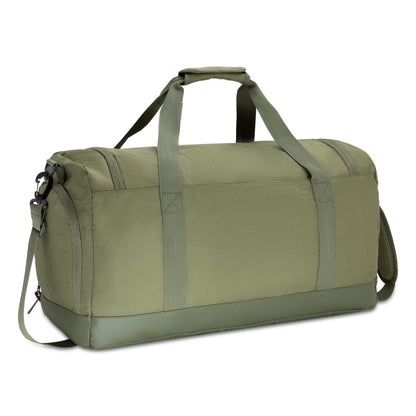 Bench Terra Sports Bag by Bench: khaki green, two handles, shoulder strap, and visible zippers for organized storage.