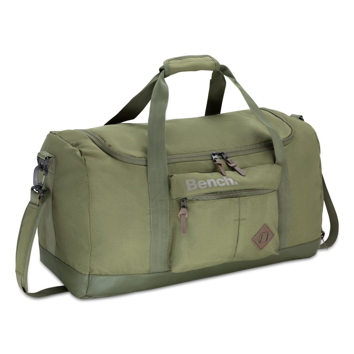 Bench Terra Sports Bag in khaki green with front zipper, handles, and adjustable shoulder strap for organized storage.