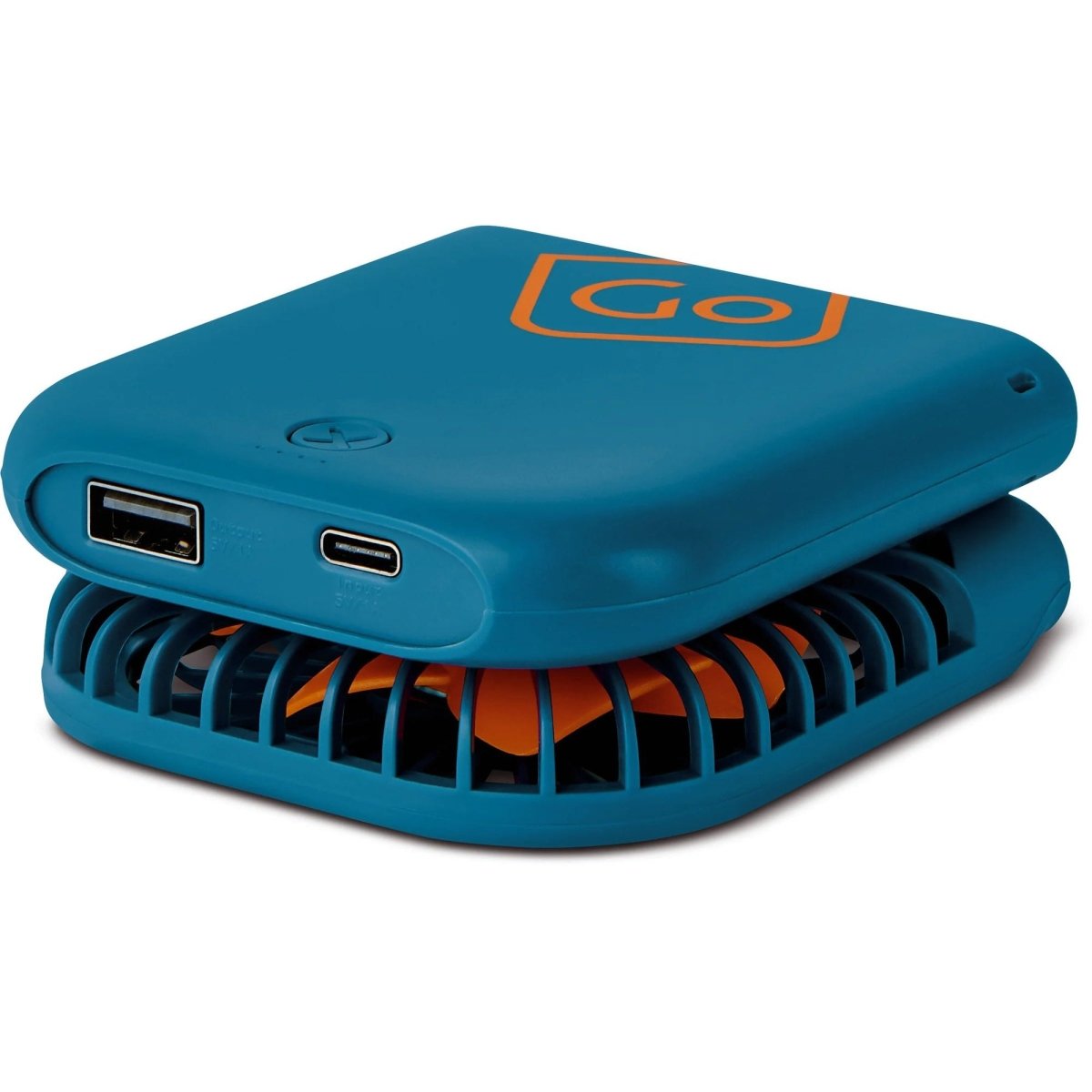 The Go Travel Flexi Fan is a compact blue USB-C rechargeable fan with ports, vented bottom, and visible blades.
