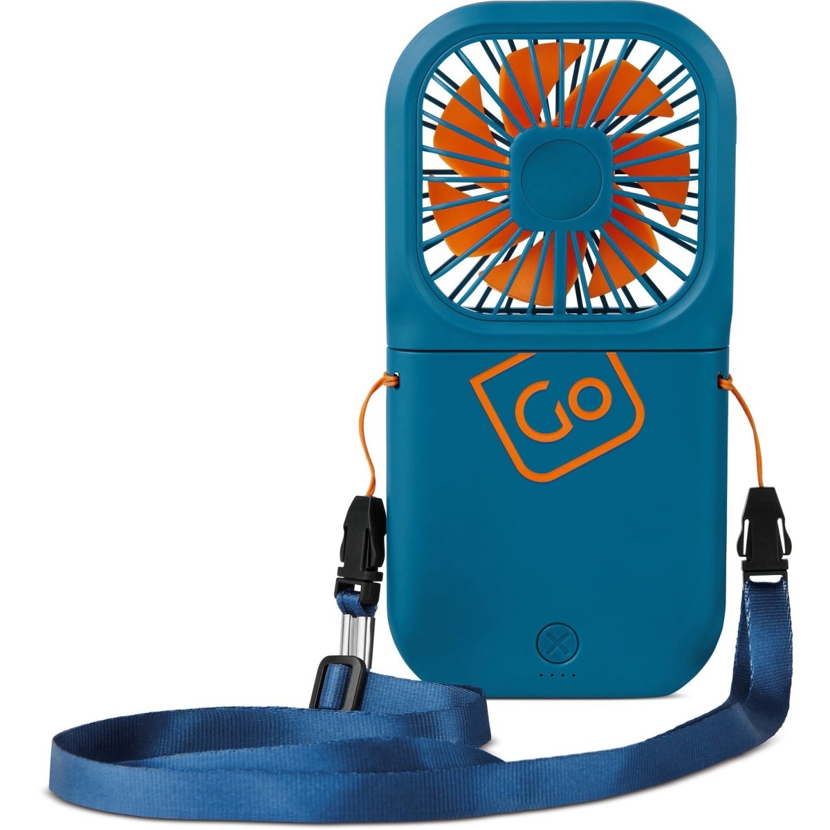 Go Travel Flexi Fan: portable blue handheld fan with orange blades, "Go" logo, strap & USB-C rechargeable.