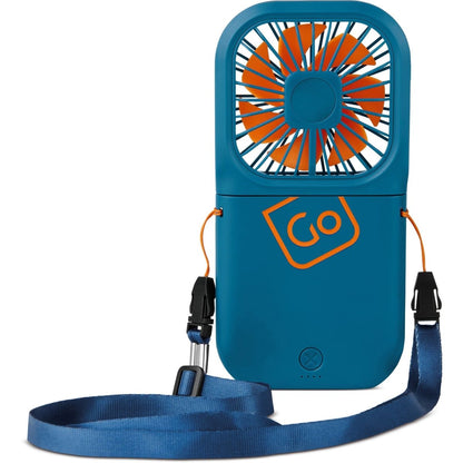 Go Travel Flexi Fan: portable blue handheld fan with orange blades, "Go" logo, strap & USB-C rechargeable.