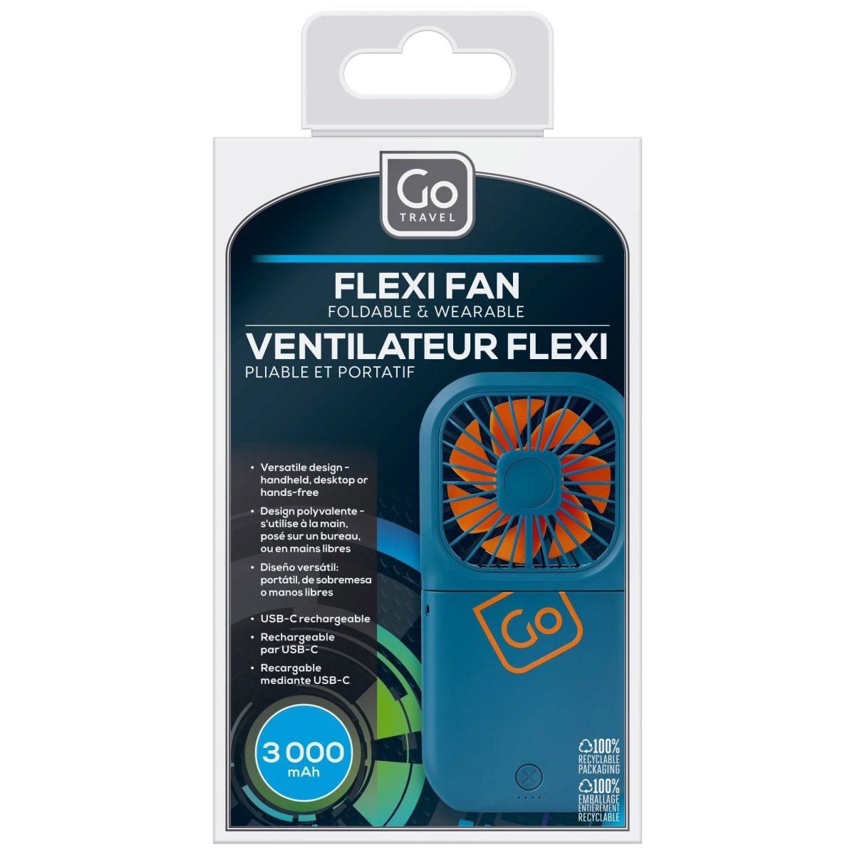 Go Travel Flexi Fan by Go Travel—portable, foldable, USB-C rechargeable travel fan in blue packaging.