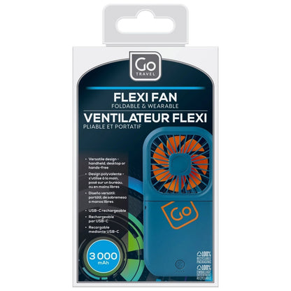 Go Travel Flexi Fan by Go Travel—portable, foldable, USB-C rechargeable travel fan in blue packaging.