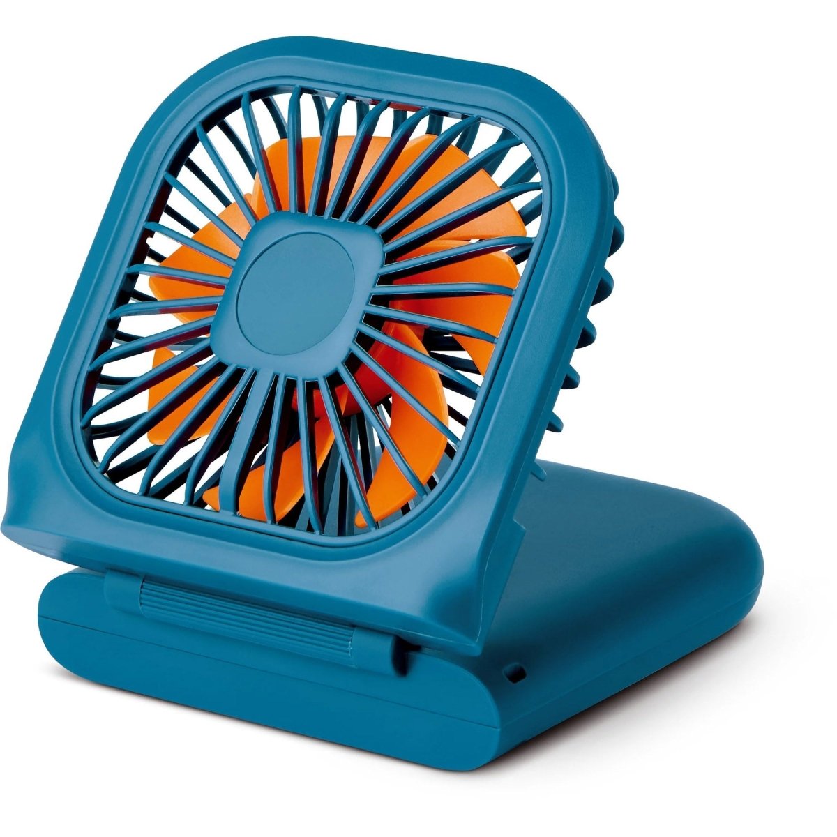 Go Travel Flexi Fan by Go Travel: a small blue USB-C fan with orange blades and a foldable stand.