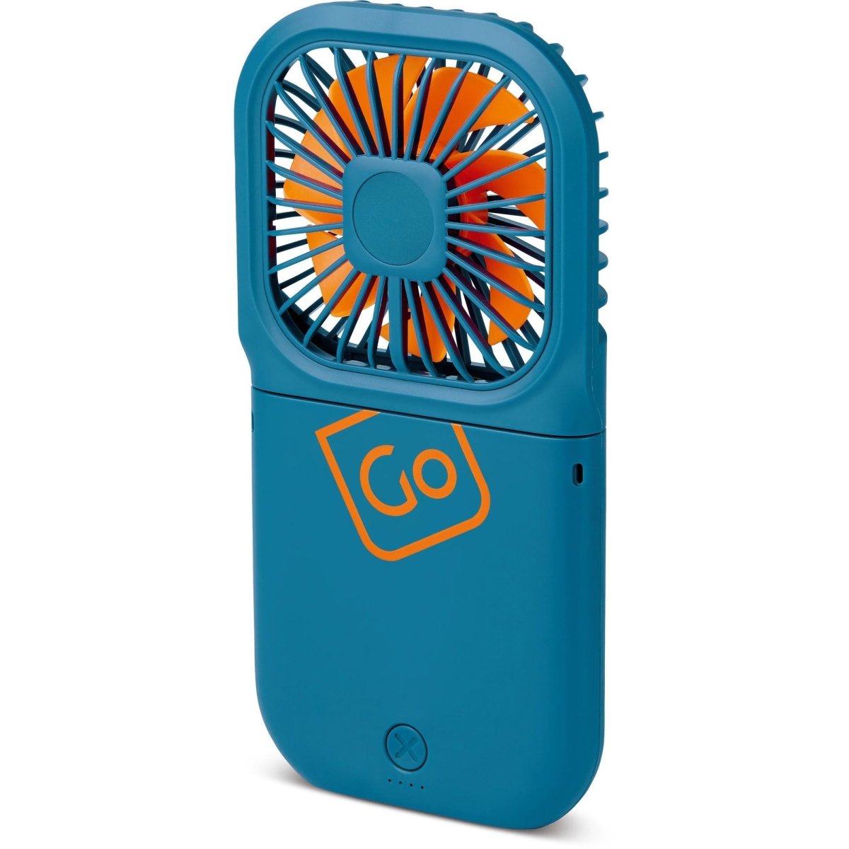 Go Travel Flexi Fan by Go Travel—blue and orange USB-C fan with "Go" logo, ideal for upright portable use.