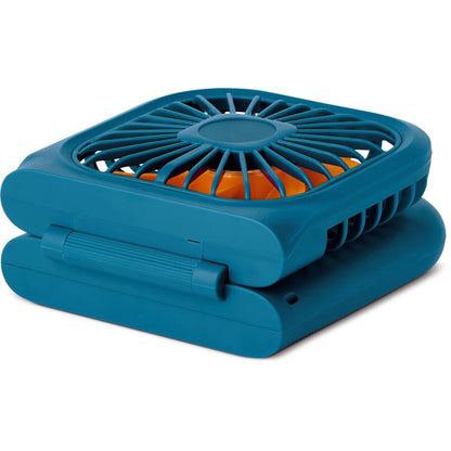 The Go Travel Flexi Fan by Go Travel is a compact blue foldable fan with a protective grill, shown folded.