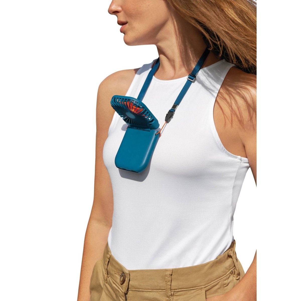 Woman wearing a white tank top and beige pants with a Go Travel Flexi Fan by Go Travel around her neck.