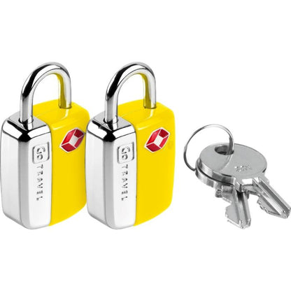 Go Travel Key Lock Twin TSA Padlocks in yellow with two keys beside.