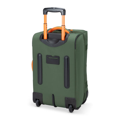 The Graphite Metamorph 21" Carry-on Wheeled Duffle, available exclusively online, is a lightweight carry-on featuring a green body with orange handles and an extendable handle. It stands upright on a white background and is ideal for outdoor adventures with its water-resistant design that keeps your belongings safe.