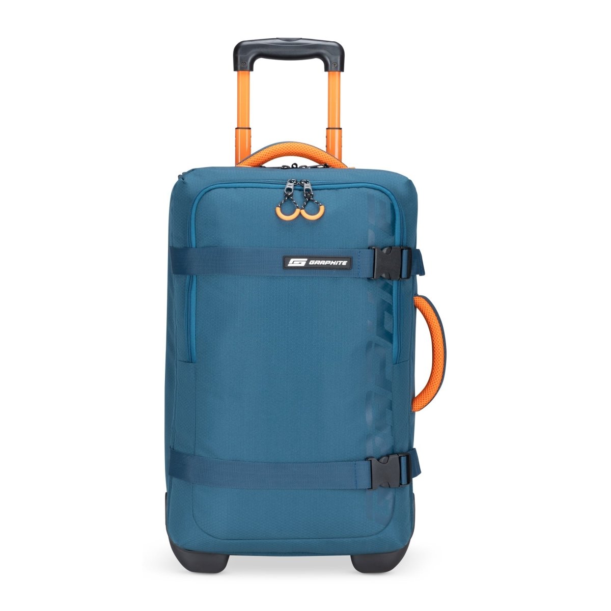 Graphite Metamorph 21" Carry-on Wheeled Duffle, teal with orange accents, front view.