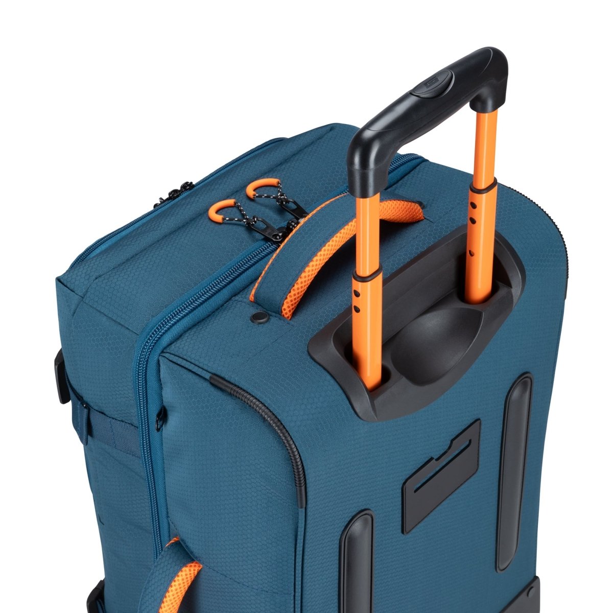 Graphite Metamorph 21" Carry-on Wheeled Duffle, teal with orange accents, top back view with telescopic handle extended.