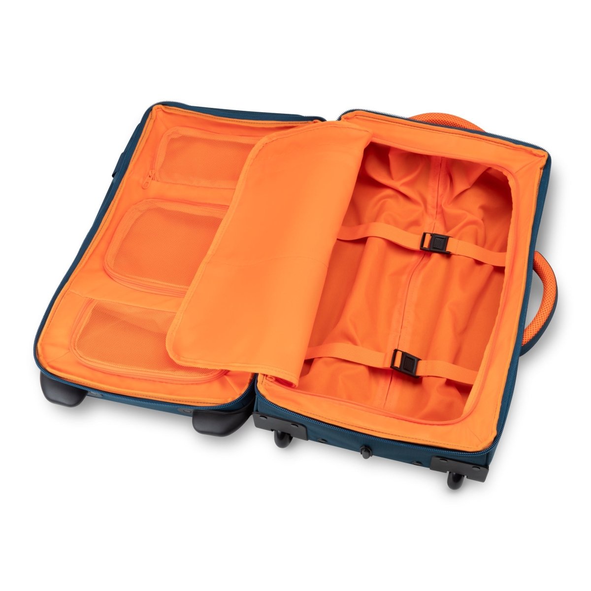 Graphite Metamorph 21" Carry-on Wheeled Duffle, teal with orange interior, open view.
