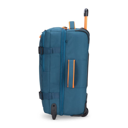 Graphite Metamorph 21" Carry-on Wheeled Duffle, teal with orange accents, left side view.
