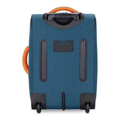 Graphite Metamorph 21" Carry-on Wheeled Duffle, teal with orange interior, back view.