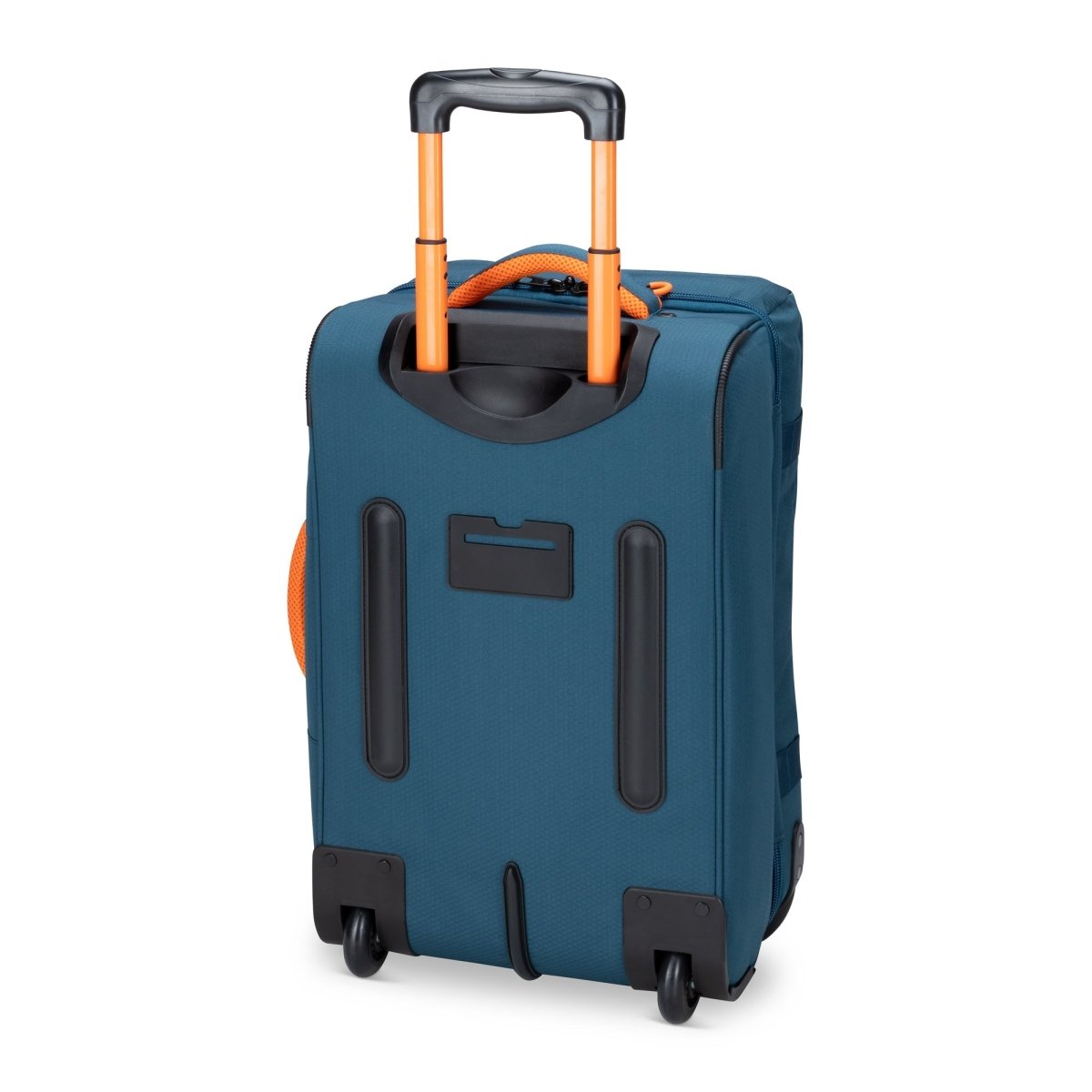 Graphite Metamorph 21" Carry-on Wheeled Duffle, teal with orange accents, back angled view.