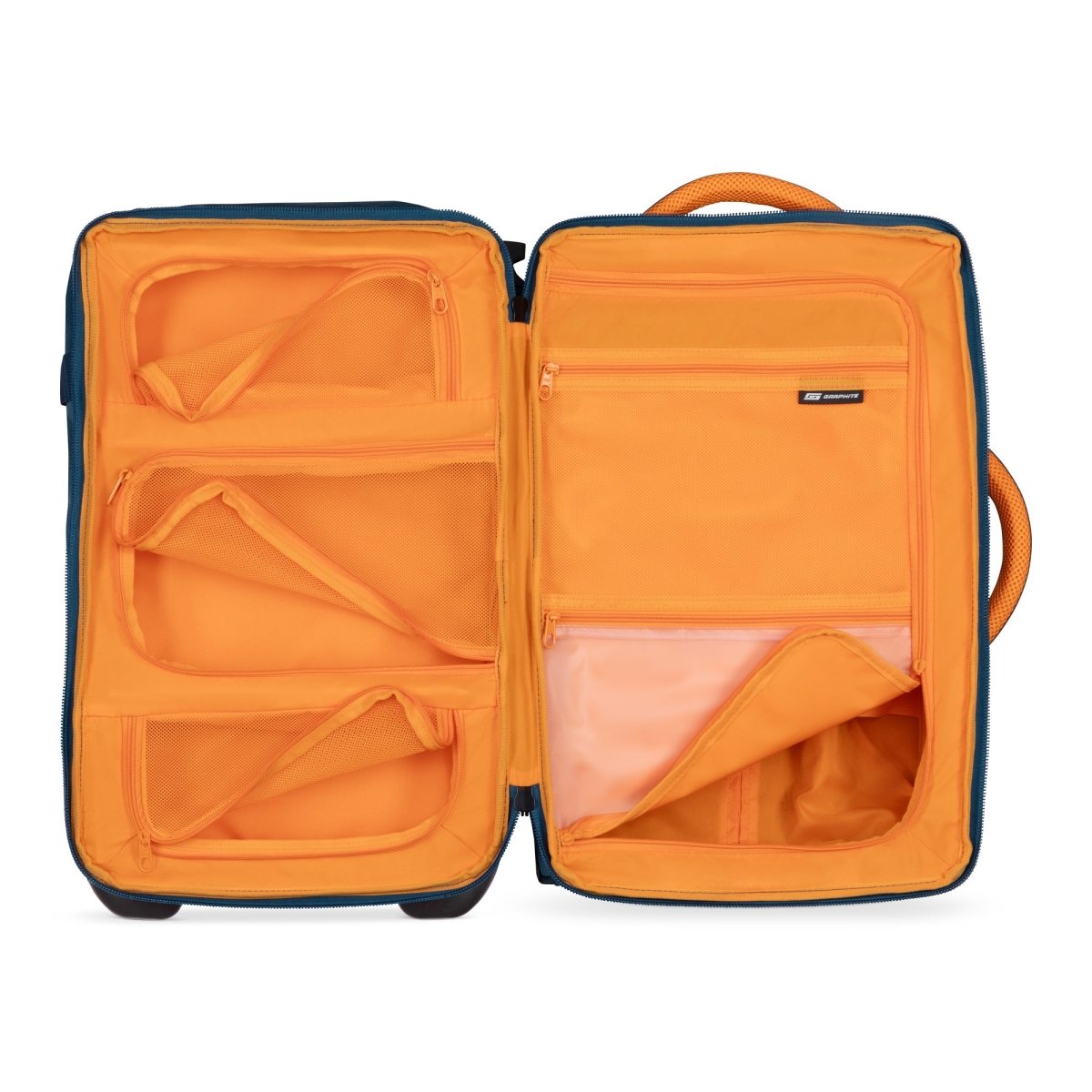 Graphite Metamorph 21" Carry-on Wheeled Duffle, teal with orange interior, open view with pockets and dividers unzipped.