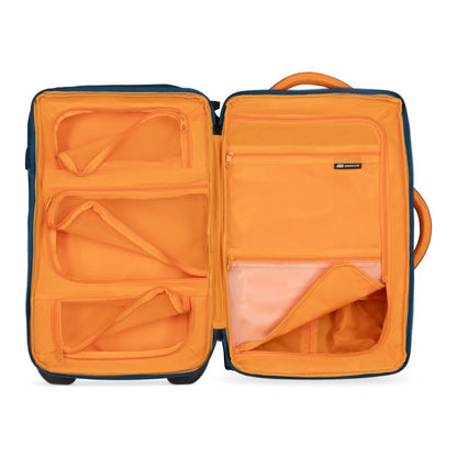 Graphite Metamorph 21" Carry-on Wheeled Duffle, teal with orange interior, open view with pockets and dividers unzipped.