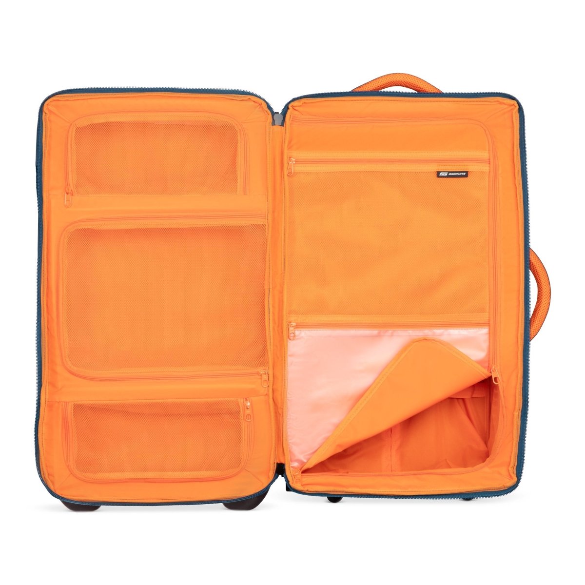 Graphite Metamorph 28" Upright Rollaboard, orange interior view.