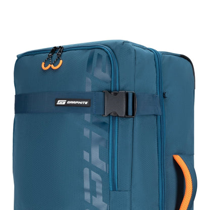 Graphite Metamorph 28" Upright Rollaboard, teal, front angled view of compression strap across front.