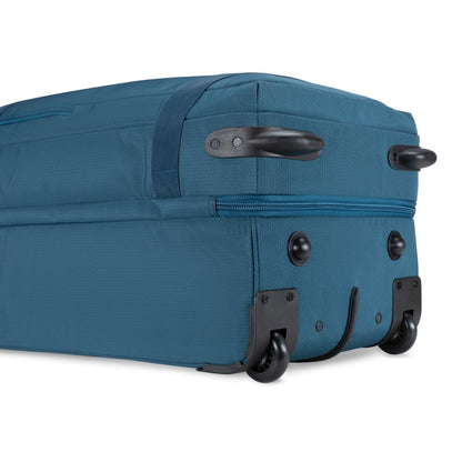 Graphite Metamorph 28" Upright Rollaboard, teal, bottom view of wheels and foot rests.