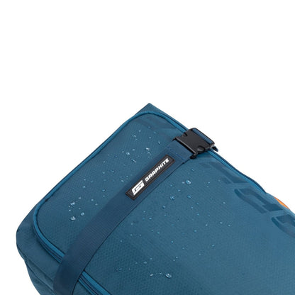 Graphite Metamorph 28" Upright Rollaboard, teal, with water droplets on outside of waterproof fabric.