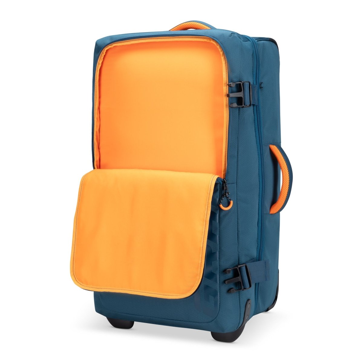 Graphite Metamorph 28" Upright Rollaboard, teal, front view with front pocket open to orange interior.